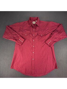 VTG ELY CATTLEMAN Western Shirt Mens Large Pearl Snap Burgandy Cowboy Rodeo